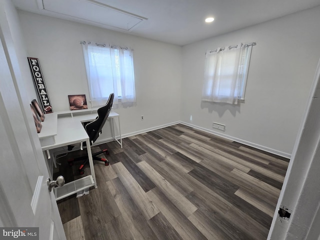 401 Timberline Dr, Mount Laurel, NJ 08054 - office with attic access, recessed lighting, dark wood-type flooring, and baseboards