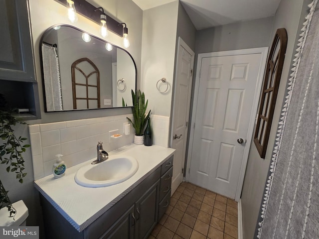 401 Timberline Dr, Mount Laurel, NJ 08054 - bathroom with vanity, decorative backsplash, tile patterned flooring, and toilet