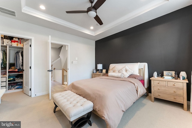 4605 Quinns Mill Way, Chantilly, VA 20151 - bedroom featuring visible vents, a closet, light carpet, recessed lighting, and a tray ceiling