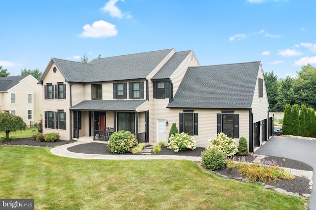 traditional-style home featuring covered porch, a front lawn, a garage, a shingled roof, and driveway