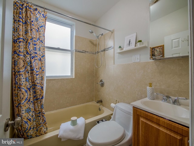 2905 Memphis St, Philadelphia, PA 19134 - bathroom featuring tile walls, plenty of natural light, shower / bath combo with shower curtain, and toilet