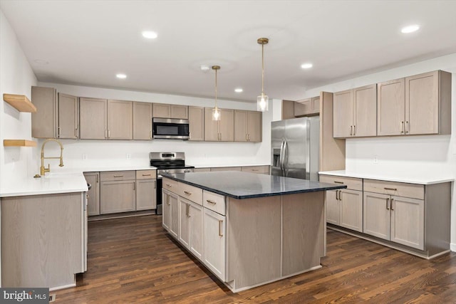 kitchen with a center island, open shelves, a sink, stainless steel appliances, and dark wood-type flooring