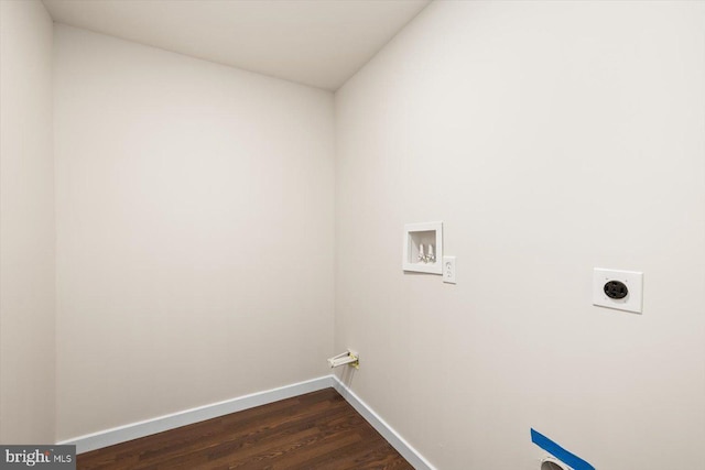 laundry room featuring baseboards, washer hookup, dark wood-style flooring, laundry area, and electric dryer hookup