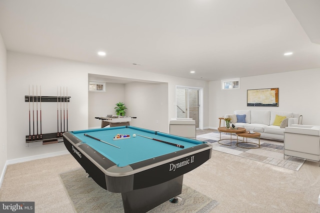 game room with billiards, carpet, and recessed lighting