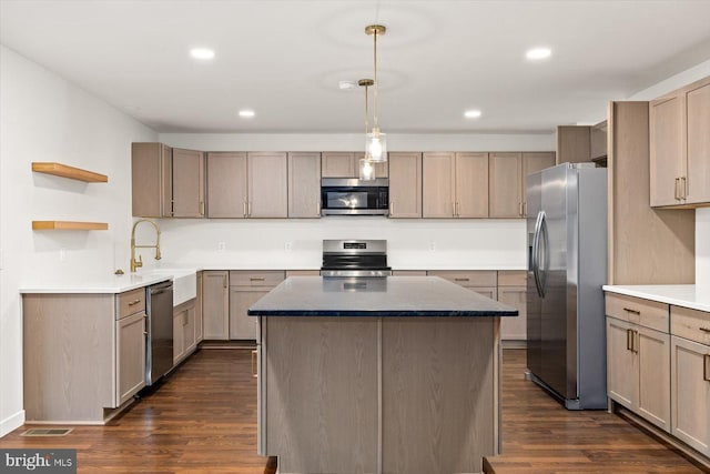 kitchen with dark wood-style flooring, open shelves, a kitchen island, appliances with stainless steel finishes, and a sink