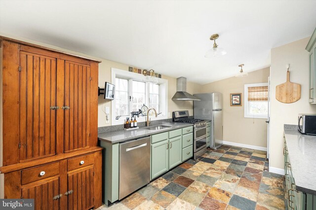 442 Ellisdale Rd, Crosswicks, NJ 08515 - kitchen featuring green cabinets, stone finish flooring, wall chimney exhaust hood, stainless steel appliances, and a sink
