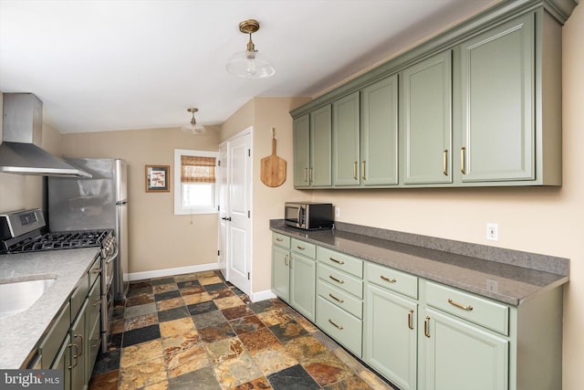 442 Ellisdale Rd, Crosswicks, NJ 08515 - kitchen with wall chimney range hood, stainless steel appliances, green cabinets, and baseboards