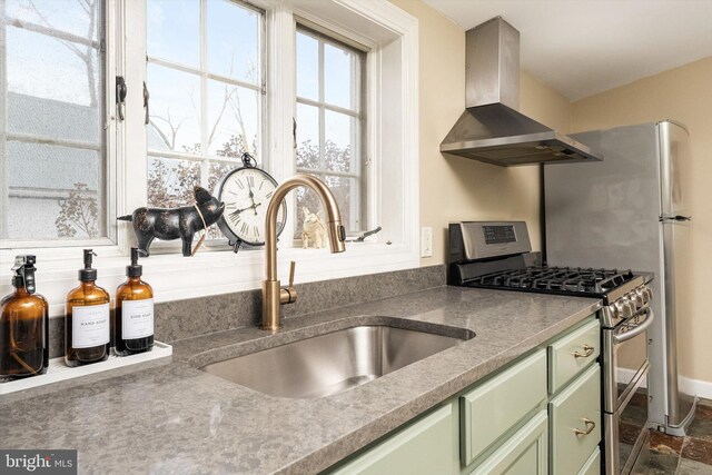 442 Ellisdale Rd, Crosswicks, NJ 08515 - kitchen with a sink, wall chimney exhaust hood, green cabinetry, and double oven range