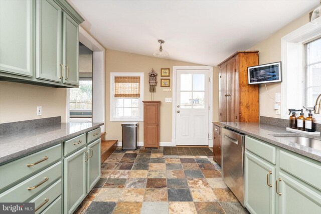 442 Ellisdale Rd, Crosswicks, NJ 08515 - kitchen featuring dishwasher, stone finish floor, a healthy amount of sunlight, green cabinets, and lofted ceiling