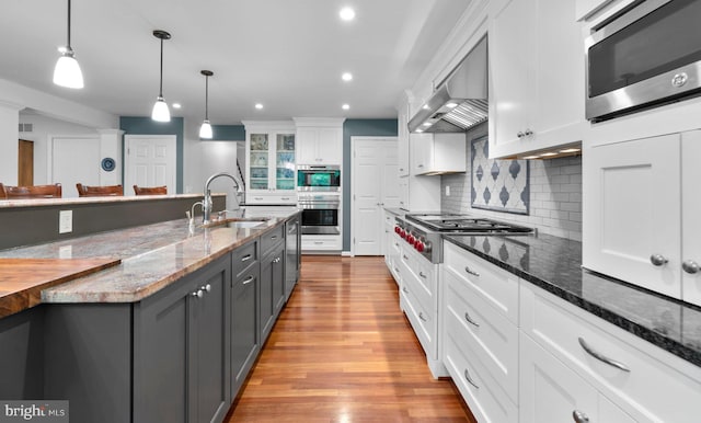 116 Amesbury Ct, Severna Park, MD 21146 - kitchen featuring stainless steel appliances, a sink, white cabinetry, light wood-style flooring, and backsplash