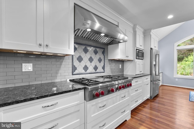 116 Amesbury Ct, Severna Park, MD 21146 - kitchen featuring range hood, stainless steel appliances, white cabinetry, dark wood-style flooring, and recessed lighting