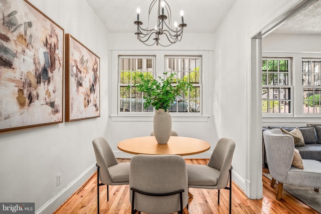 dining room featuring baseboards, a notable chandelier, a textured ceiling, and wood finished floors