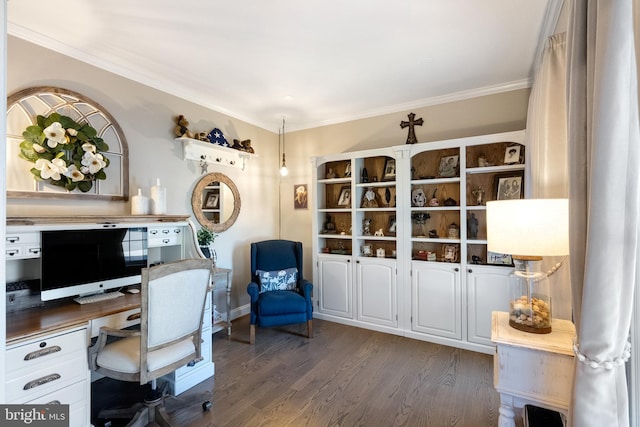 15014 Plastron Ct, Woodbridge, VA 22193 - home office with wood finished floors, built in desk, and crown molding