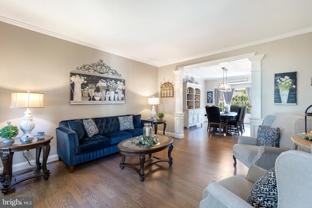 15014 Plastron Ct, Woodbridge, VA 22193 - living room featuring decorative columns, wood finished floors, and crown molding