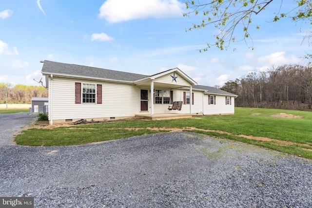 10257 Back Creek Valley Rd, Hedgesville, WV 25427 - view of front of home with crawl space, driveway, covered porch, roof with shingles, and a front yard
