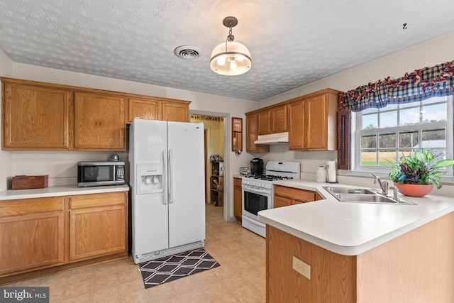 10257 Back Creek Valley Rd, Hedgesville, WV 25427 - kitchen featuring a sink, white appliances, light countertops, under cabinet range hood, and visible vents