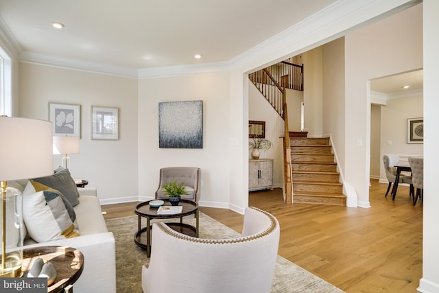 8942 Hubbard Way, Lorton, VA 22079 - living room with baseboards, recessed lighting, wood finished floors, stairs, and ornamental molding