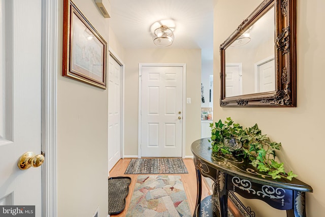 doorway to outside with wood finished floors