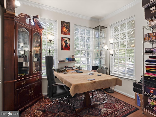 home office featuring baseboards, wood finished floors, and crown molding