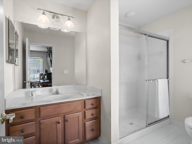 bathroom with toilet, vanity, a shower stall, and tile patterned flooring