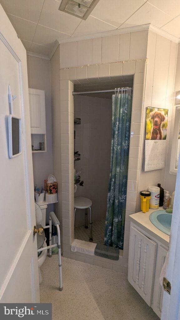 full bathroom featuring vanity, visible vents, and a stall shower
