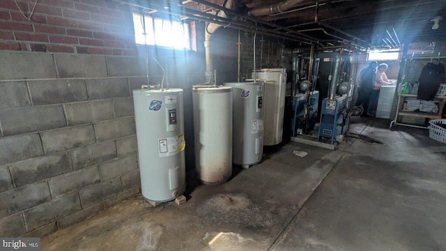 below grade area with water heater, gas water heater, and a healthy amount of sunlight