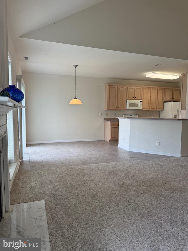 unfurnished living room with light colored carpet, high vaulted ceiling, baseboards, light tile patterned floors, and visible vents