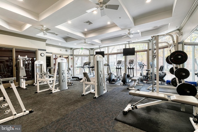 400 Symphony Cir Unit 351, Cockeysville, MD 21030 - gym with a ceiling fan, a towering ceiling, dark carpet, and coffered ceiling