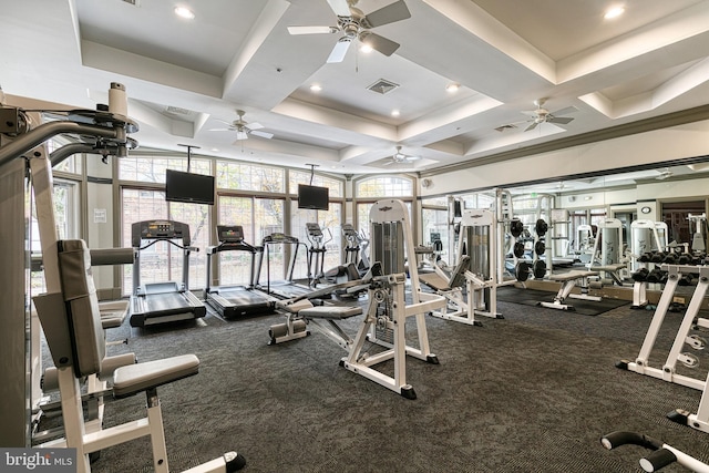 400 Symphony Cir Unit 351, Cockeysville, MD 21030 - exercise room featuring visible vents, carpet, coffered ceiling, and ceiling fan