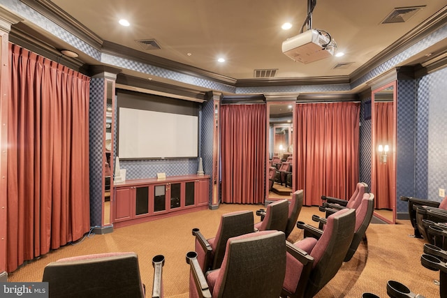400 Symphony Cir Unit 351, Cockeysville, MD 21030 - carpeted cinema room featuring ornamental molding, visible vents, and wallpapered walls