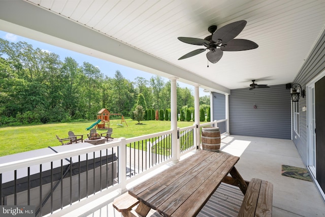 16260 Edgewater Dr, Milton, DE 19968 - view of patio / terrace with ceiling fan and a playground