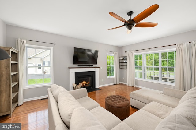 16260 Edgewater Dr, Milton, DE 19968 - living area featuring baseboards, wood finished floors, a ceiling fan, and a fireplace with flush hearth
