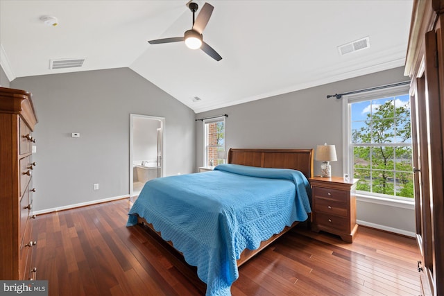 bedroom with visible vents, baseboards, lofted ceiling, and wood-type flooring