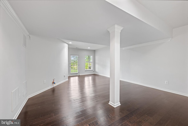 interior space with recessed lighting, baseboards, dark wood finished floors, and visible vents