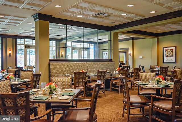 carpeted dining room with visible vents