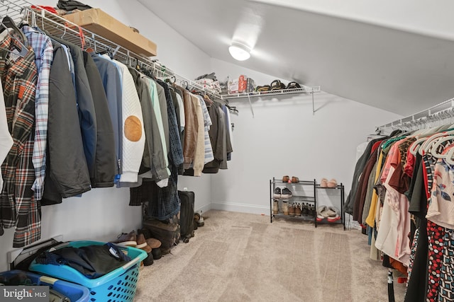 spacious closet featuring carpet floors and lofted ceiling
