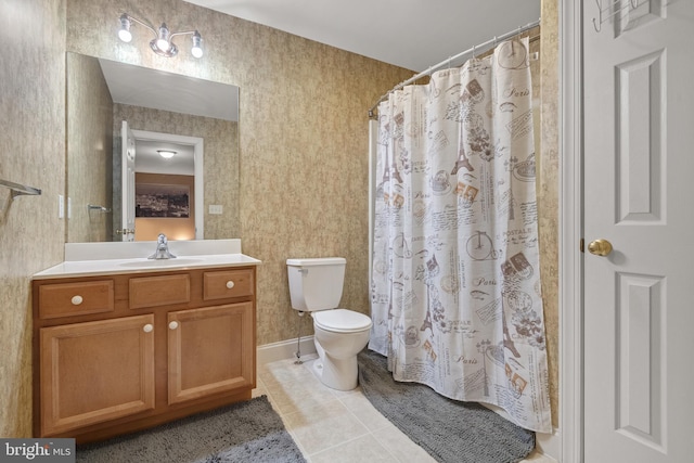 bathroom with toilet, tile patterned floors, a shower with shower curtain, and vanity