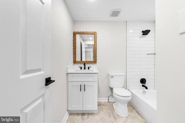 full bath featuring toilet, vanity, visible vents, shower / bath combination, and baseboards