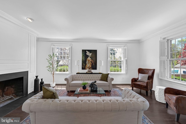 1000 Quinard Ct, Ambler, PA 19002 - living area with dark wood-type flooring, baseboards, a fireplace with flush hearth, and crown molding