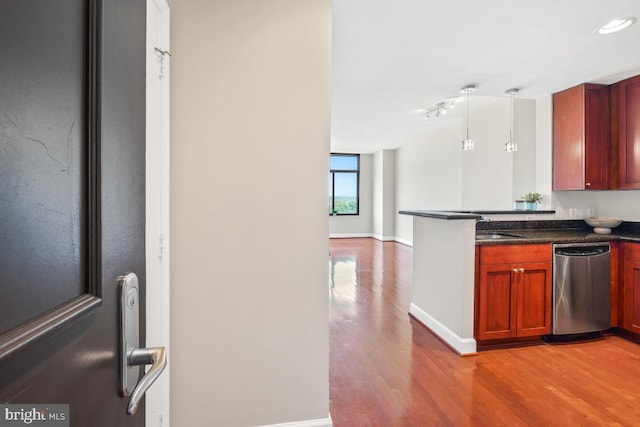 kitchen with a peninsula, stainless steel dishwasher, a sink, light wood-style floors, and pendant lighting