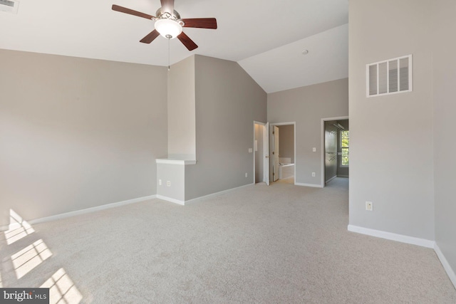 empty room featuring a ceiling fan, baseboards, visible vents, and light carpet