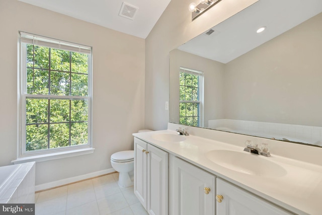 bathroom featuring visible vents, a sink, tile patterned floors, and double vanity
