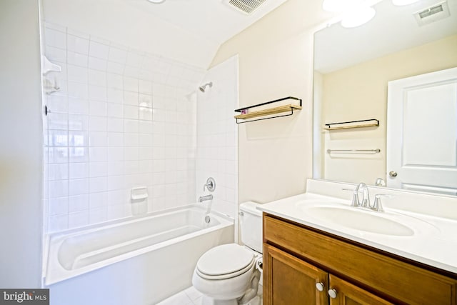 bathroom with shower / bathtub combination, toilet, visible vents, and vanity