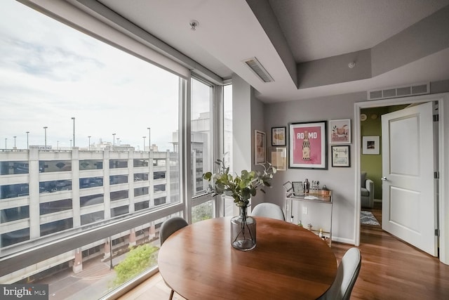 dining room with wood finished floors, plenty of natural light, and baseboards