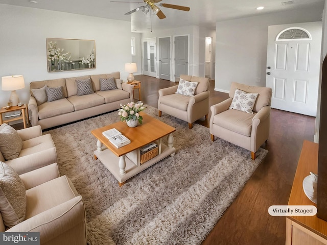 2115 Greenwood Dr, Waldorf, MD 20601 - living room with wood finished floors, ceiling fan, baseboards, and recessed lighting