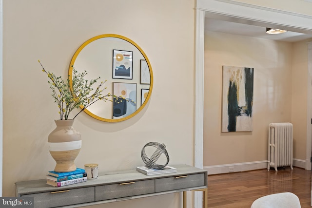 detailed view of radiator heating unit, wood finished floors, and baseboards
