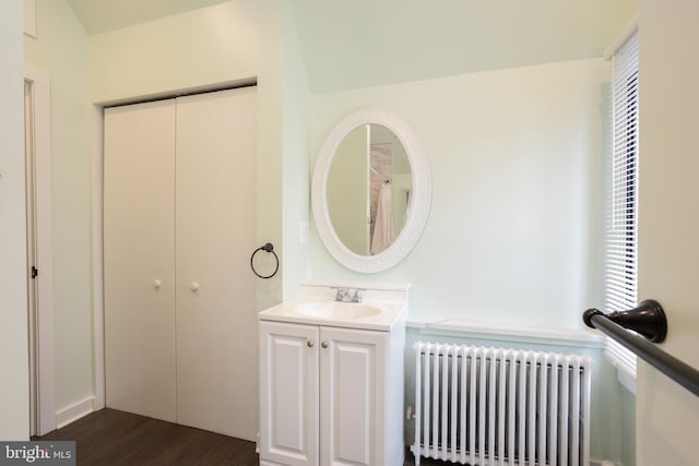 bathroom with wood finished floors, vanity, and radiator