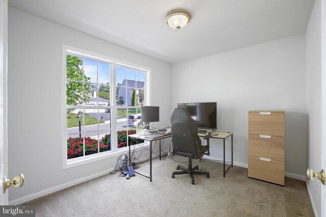 carpeted home office with baseboards