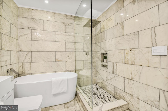 2515 Ontario Rd NW Unit 1, Washington, DC 20009 - full bath featuring a soaking tub, tile walls, a walk in shower, marble look tile flooring, and vanity