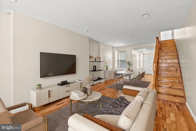 2512 N Marshall St, Philadelphia, PA 19133 - living area with light wood-style flooring, stairway, recessed lighting, and baseboards
